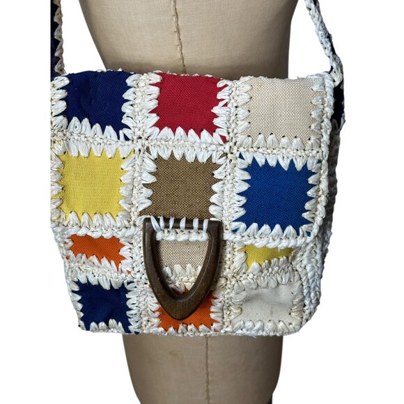 1960s raffia purse with colorful patchwork and wood accent by Craig Scot Made in - Picture 2 of 10
